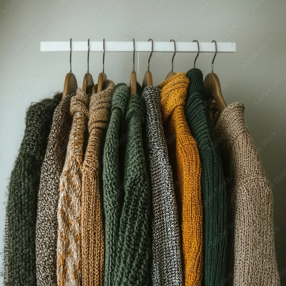 Poster a close-up view of a vibrant rack filled with an array of cozy sweaters, showcasing various textures