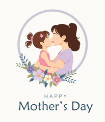 Mom with little daughter. Happy Mothers Day greeting card. Vector illustration in flat style