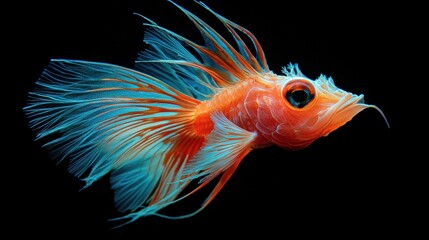 Fototapeta premium Exquisite Radiance Underwater An Orange Fish with Luminous Blue Fins Against a Black Backdrop Depth