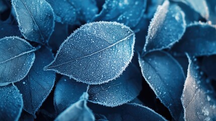 Obraz premium Close-up of Frosted Blue Leaves with Dew Drops Creating a Serene and Calm Atmosphere in Nature