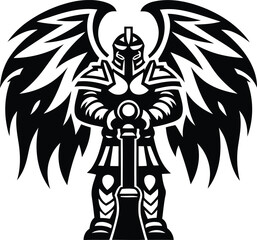 Modern and stylish paladin with wings or angel sword vector illustration, paladin with wings or angel sword silhouette and line art vector