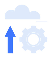 Blue upward arrow, a cloud, and a gear wheel symbolizing cloud storage, data upload, and automation processes. Ideal for technology, business, cloud computing, workflow innovation data sharing