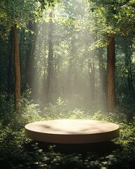 Empty circular platform in a sunlit forest
