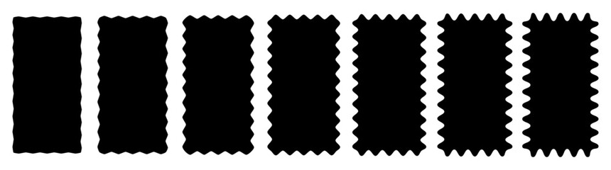 Wavy edge frames. Black vector stamp or sticker boxes. Wiggly photo frame borders. Set of vertical curvy serrated rectangles. Squiggle wiggle rectangular designs. Sale badge bg illustration