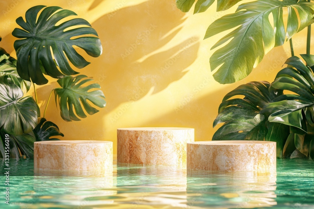 Poster Bright tropical setting with golden columns and vibrant greenery creating an inviting atmosphere for relaxation