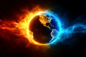 Global contrast of fire and ice representing climate change and environmental challenges in dynamic colors