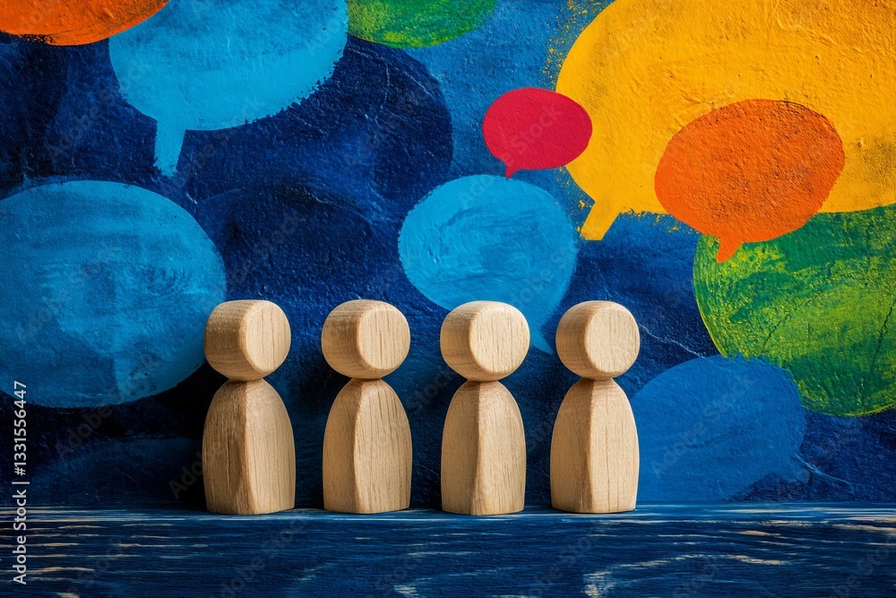 Poster wooden figures standing in front of a colorful abstract mural illustrating conversation and communit