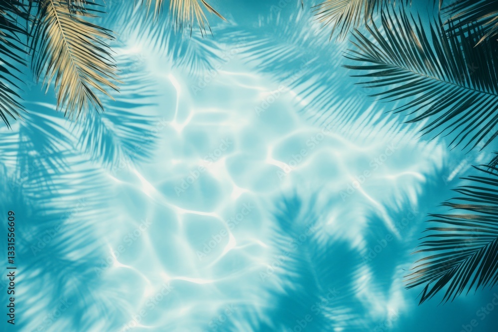 Poster Sunlight dances on the surface of a tranquil pool surrounded by lush palm leaves in a tropical setting