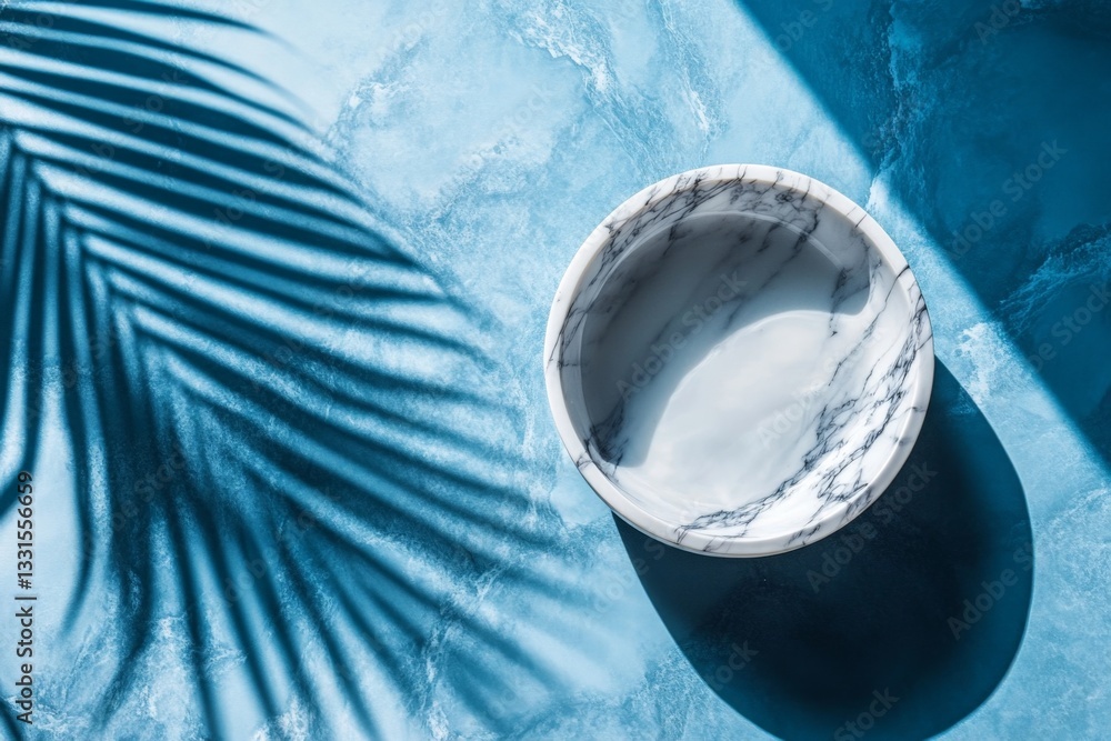 Aufkleber beautiful marble bowl casting shadows on a vibrant blue surface with palm leaf reflection during day