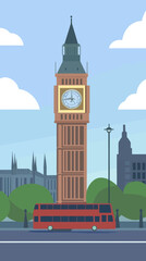 Minimalist Flat Vector Illustration of Big Ben with London Bus