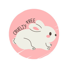 Cruelty free rabbit logo with hand drawn logo and pink texture on background vector illustration. Sustainable lifestyle concept sticker for packaging