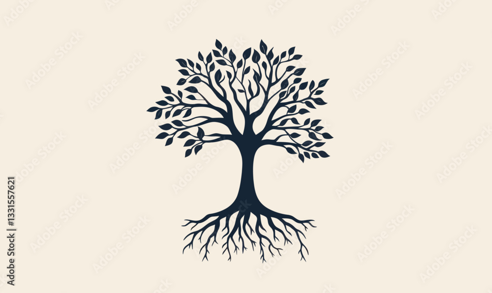 Poster minimalist strong tree vector art with roots symbolizing growth and hard work foundation