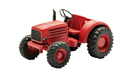 Toy tractor in vibrant red color parked on a light surface showcasing its intricate details and design features, capturing attention and nostalgia