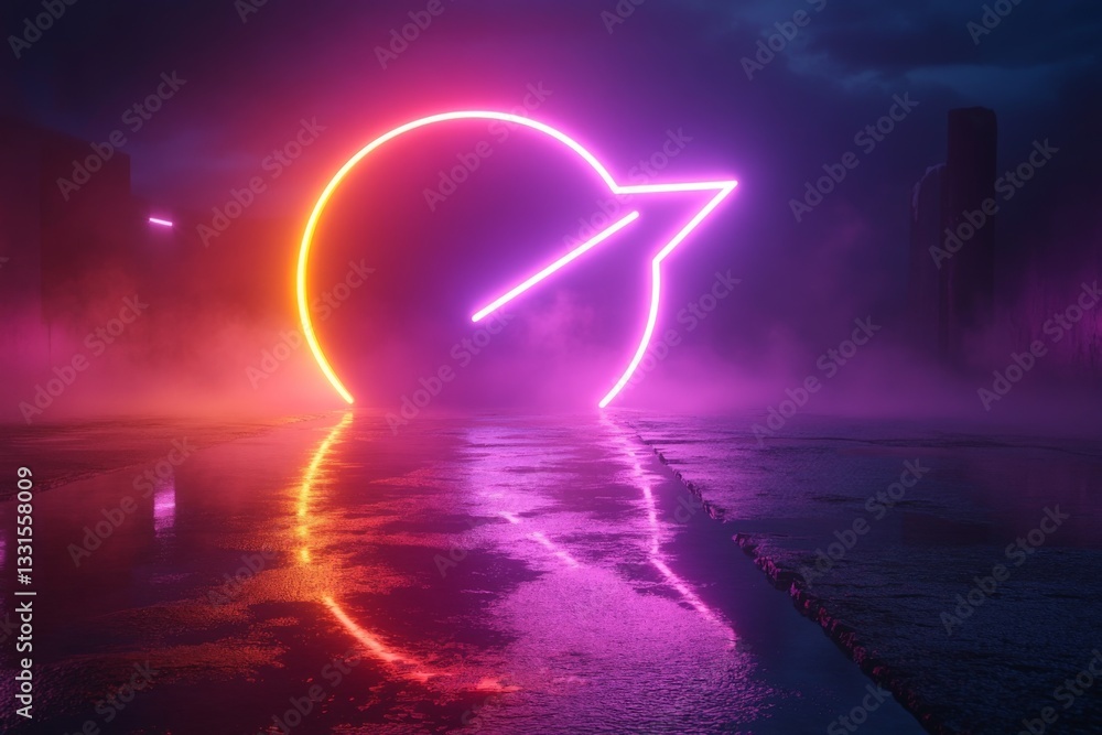 Aufkleber bright neon circle with arrow reflecting on wet ground during night under moody skies