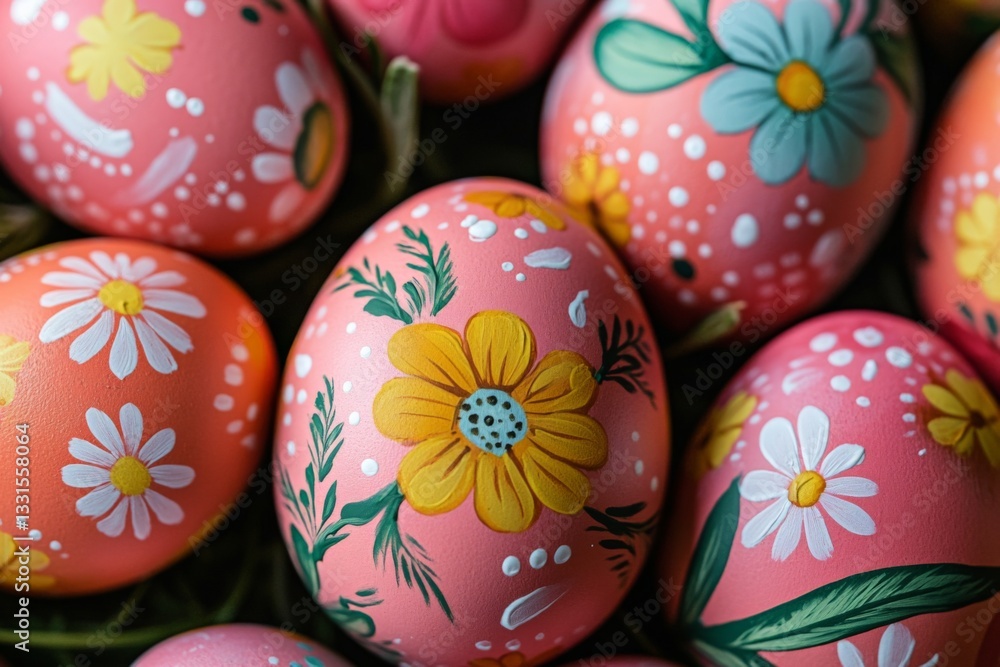 Poster colorful easter eggs decorated with floral patterns and vibrant colors in a spring setting