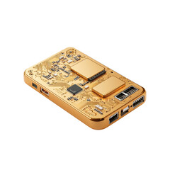 Obraz premium Golden circuit board with microchips and ports on a transparent background. Concept of technology, electronics, and innovation.
