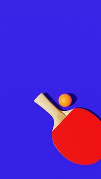 Red Table Tennis Paddle and Tennis Ball on a blue background, 3D rendered illustration