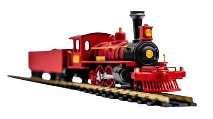 Obraz premium Classic red steam locomotive model on tracks, showcasing intricate details and vintage design