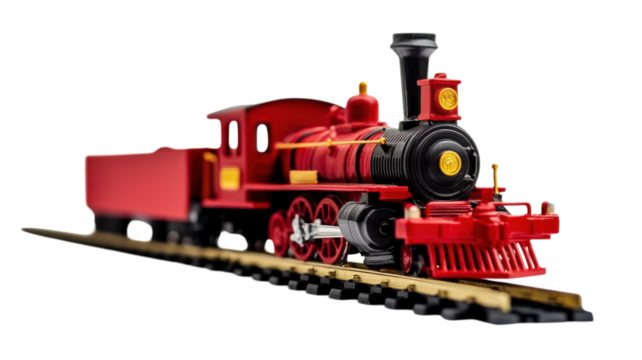 Classic red steam locomotive model on tracks, showcasing intricate details and vintage design