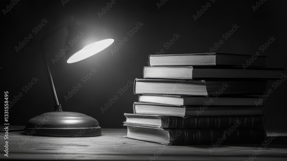Poster a desk lamp sits on top of a stack of books