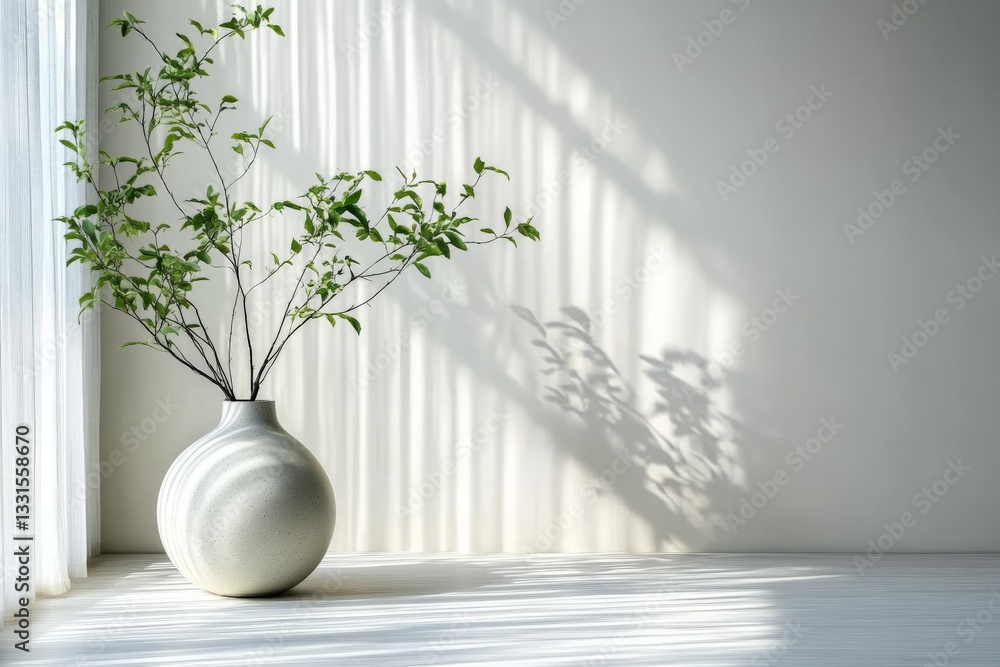 Poster elegant vase with branches casting shadows in a serene indoor space during the day