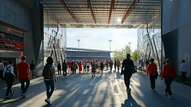 Crowd of people arriving at stadium on sunny day, spectators walking to stadium entrance