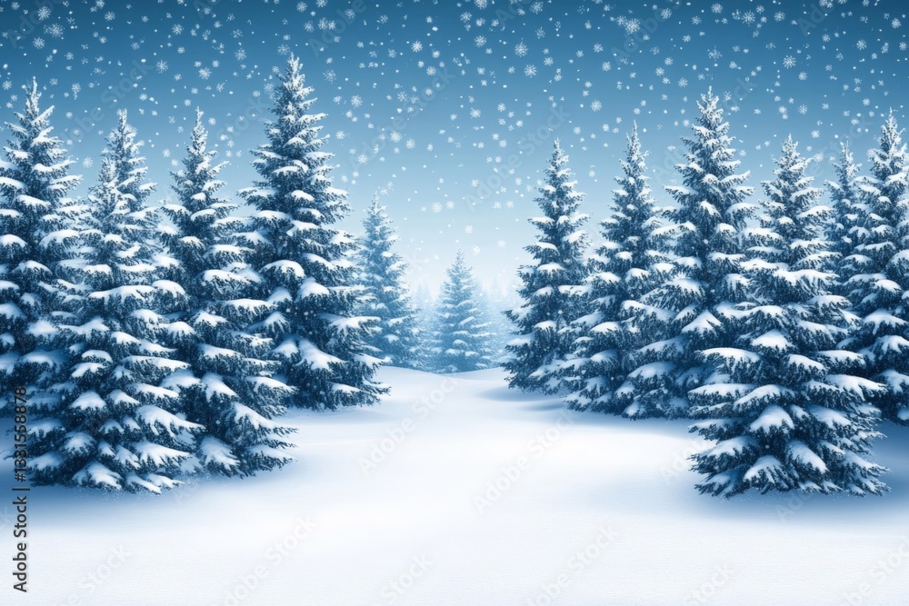 Poster snow covers a tranquil forest path surrounded by tall evergreen trees during a gentle winter snowfal