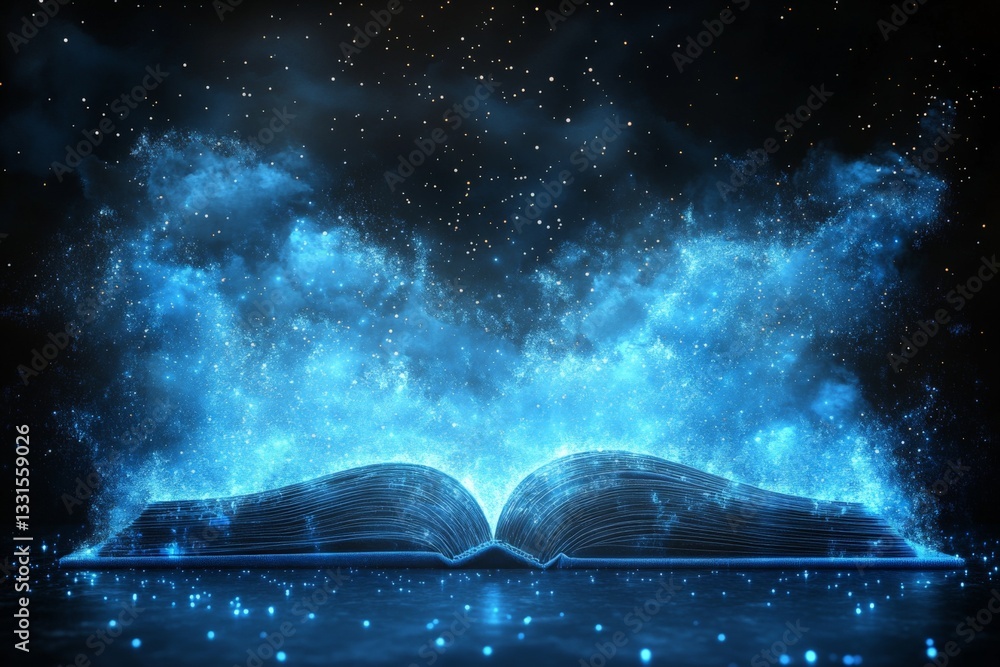 Aufkleber open book emits dazzling blue light creating an ethereal atmosphere in a dark space filled with star