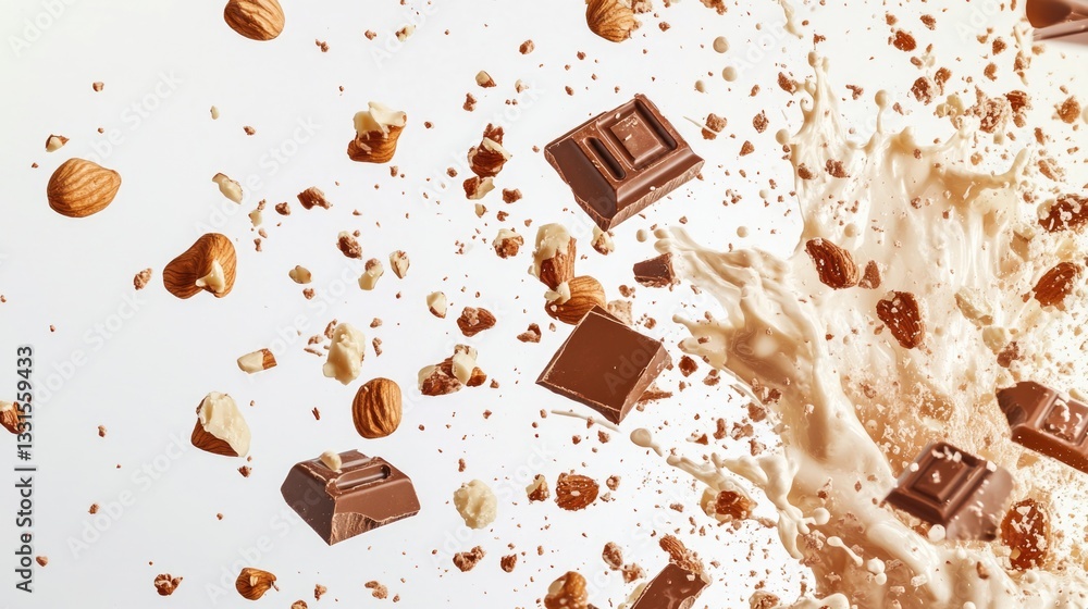 Poster A mass of chocolates and nuts falling from above, creating a colorful and messy scene