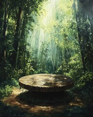 A circular wooden platform sits in the center of a sun-dappled forest clearing