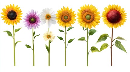 Naklejka premium Three Vibrant Sunflowers in Various Hues Against a White Background