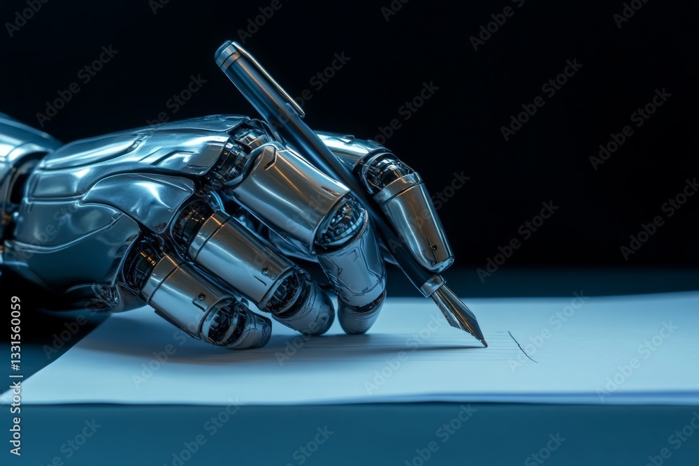 Poster robotic hand writing on paper with a fountain pen in a dark setting showcasing advanced technology