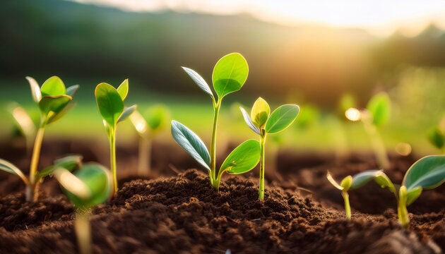 Peque&ntilde;as plantas verdes creciendo en la tierra en un campo verde en primavera
