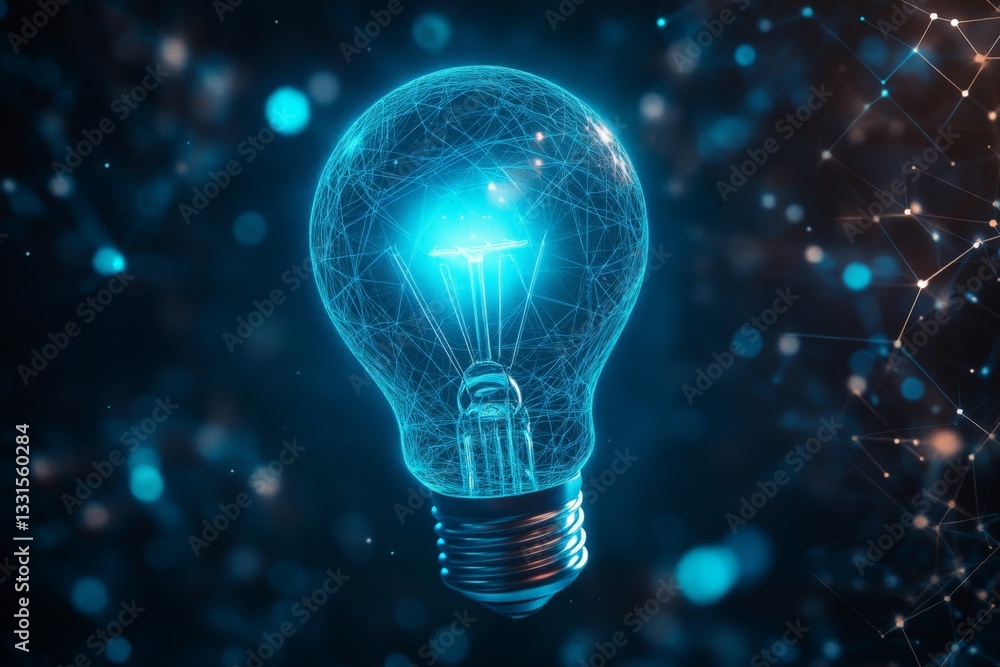 Aufkleber creative energy emanating from a glowing light bulb in a dark, abstract space filled with glowing pa