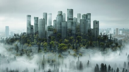 Obraz premium Misty Island City, Ruined Buildings, Foggy Landscape, Futuristic Cityscape