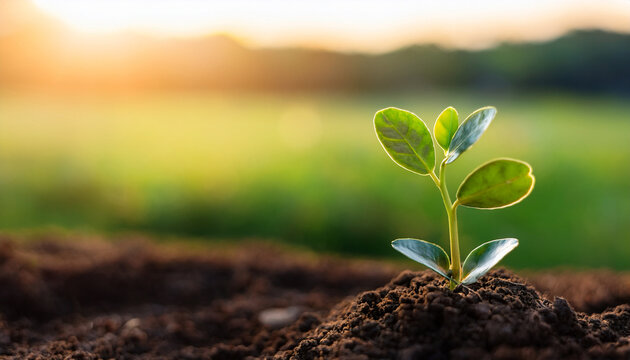 Brote de una peque&ntilde;a planta verde creciendo en la tierra en un campo verde en primavera