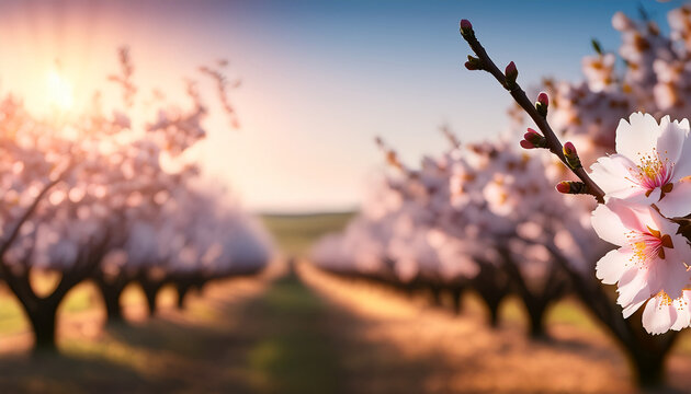 Un campo con arboles de almendro en flor desenfocado al amanecer