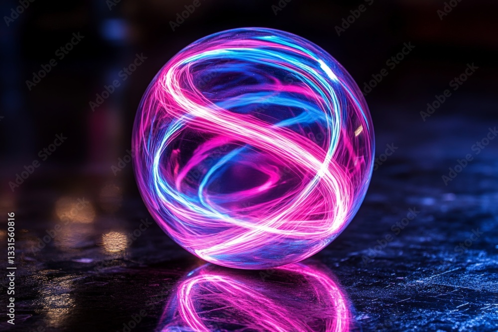 Poster colorful light trails swirl within a glass sphere on a reflective surface in dim lighting