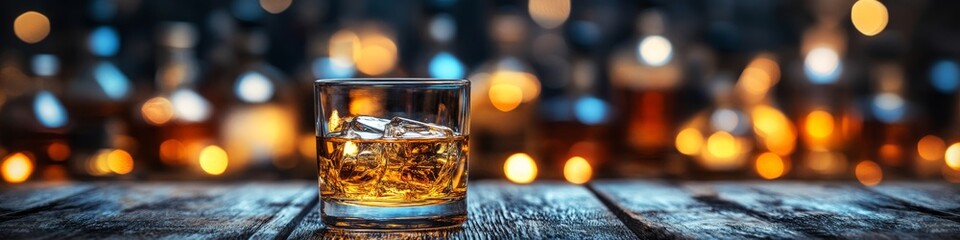 Whiskey Glass with Ice and Bottles on Warm Blurred Bar Bokeh Background, Beverage Photography