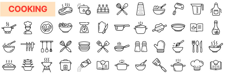 Cooking & Kitchen Essentials Icon Set – Culinary Tools, Food Preparation, Ingredients, Utensils, Chef