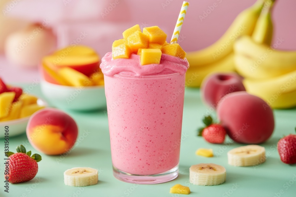 Aufkleber refreshing fruit smoothie served in a glass with banana slices and assorted fruits on a pastel backg