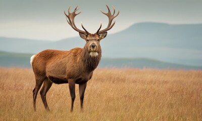 Fototapeta premium Majestic Red Deer Stag Standing Proudly in a Golden Meadow Landscape