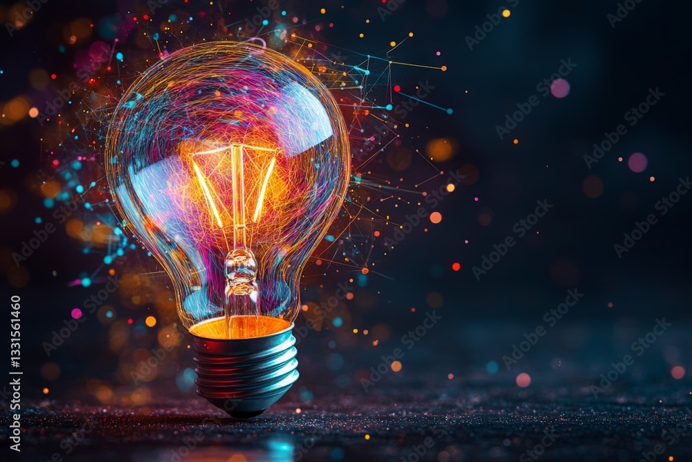 Poster colorful light bulb surrounded by bright sparks and abstract patterns during a creative concept expl