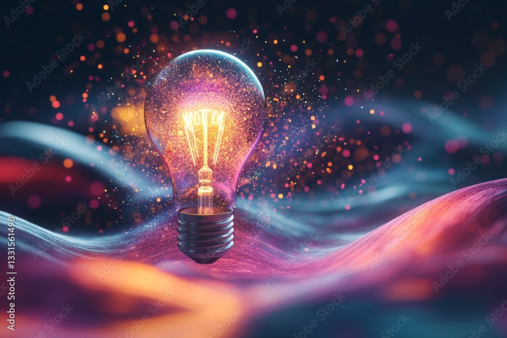 Poster light bulb glowing brightly in a colorful, abstract background with swirling patterns at night