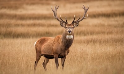 Fototapeta premium Majestic Red Deer Stag Standing Proudly in a Golden Meadow Landscape
