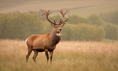 Majestic Red Deer Stag Standing Proudly in a Golden Meadow Landscape
