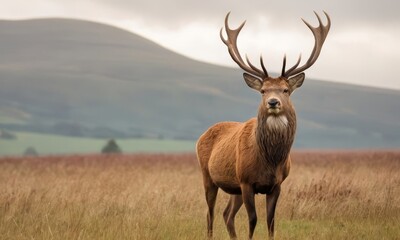 Majestic red deer stag standing proudly in a golden field