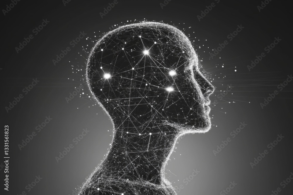 Poster human head silhouette composed of glowing lines and dots symbolizing neural connections and digital 