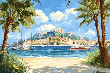 Coastal town with palm trees, boats, and beach; sunny day; vacation view