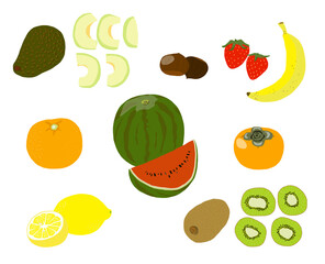 野菜, 果物, すいか, アボカド, オレンジ, レモン, 栗, いちご, バナナ, 柿, キウィ